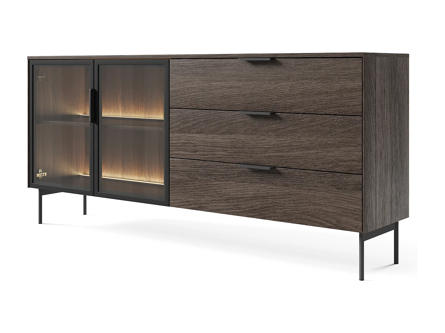 Madia da soggiorno moderna con ante in vetro temperato e luce LED quercia scura e nero MALK41