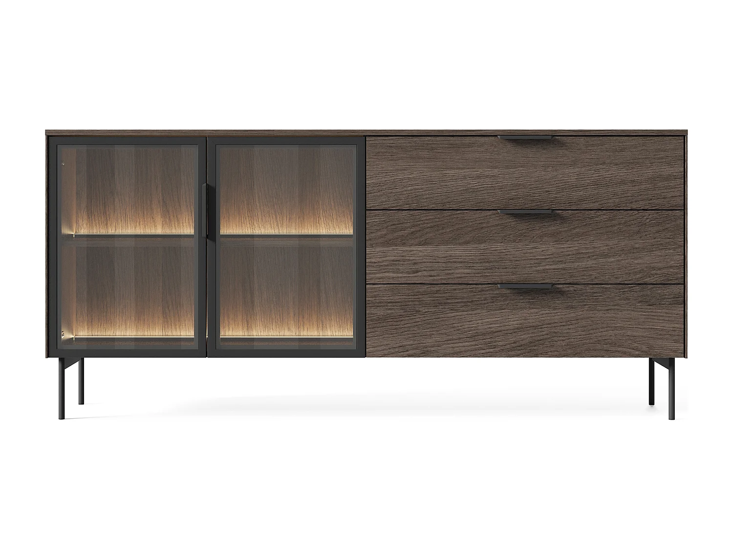 Madia da soggiorno moderna con ante in vetro temperato e luce LED quercia scura e nero MALK41