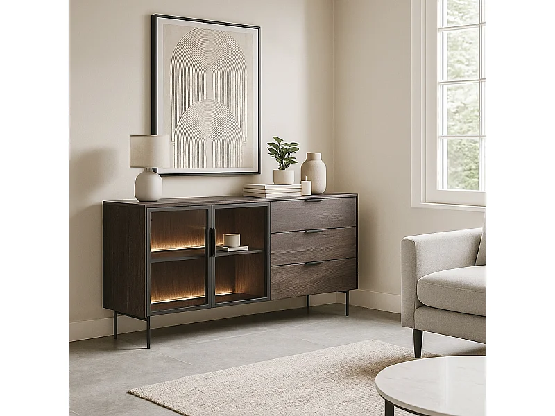 Madia da soggiorno moderna con ante in vetro temperato e luce LED quercia scura e nero MALK41