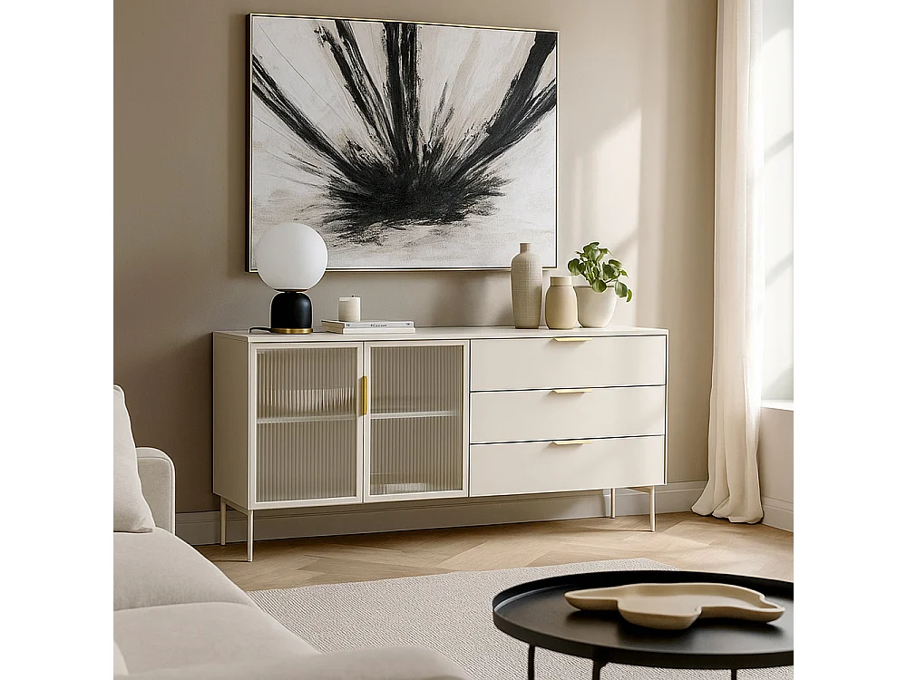 Madia da soggiorno moderna con ante in vetro temperato e luce LED cashmere MALK41