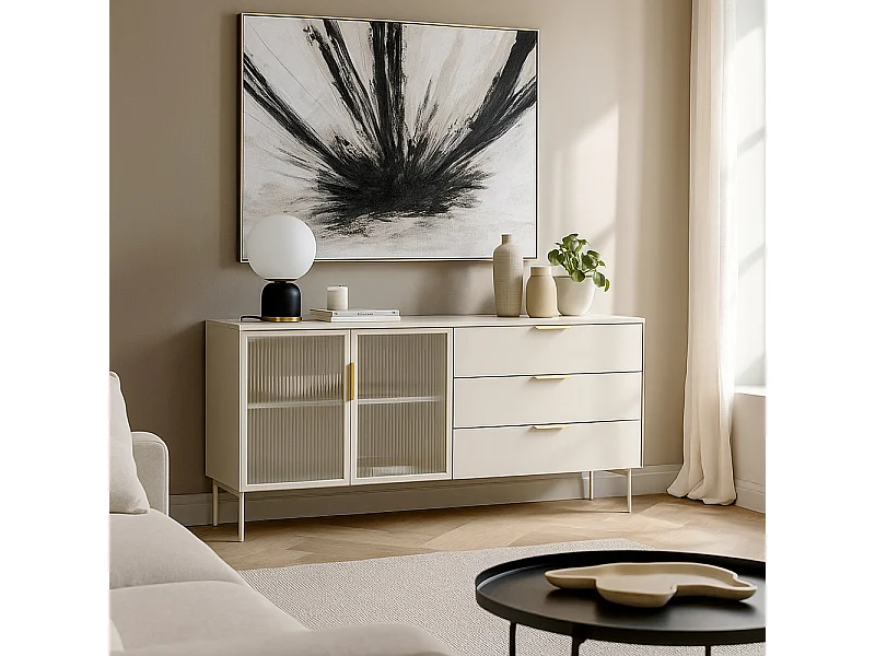 Madia da soggiorno moderna con ante in vetro temperato e luce LED cashmere MALK41