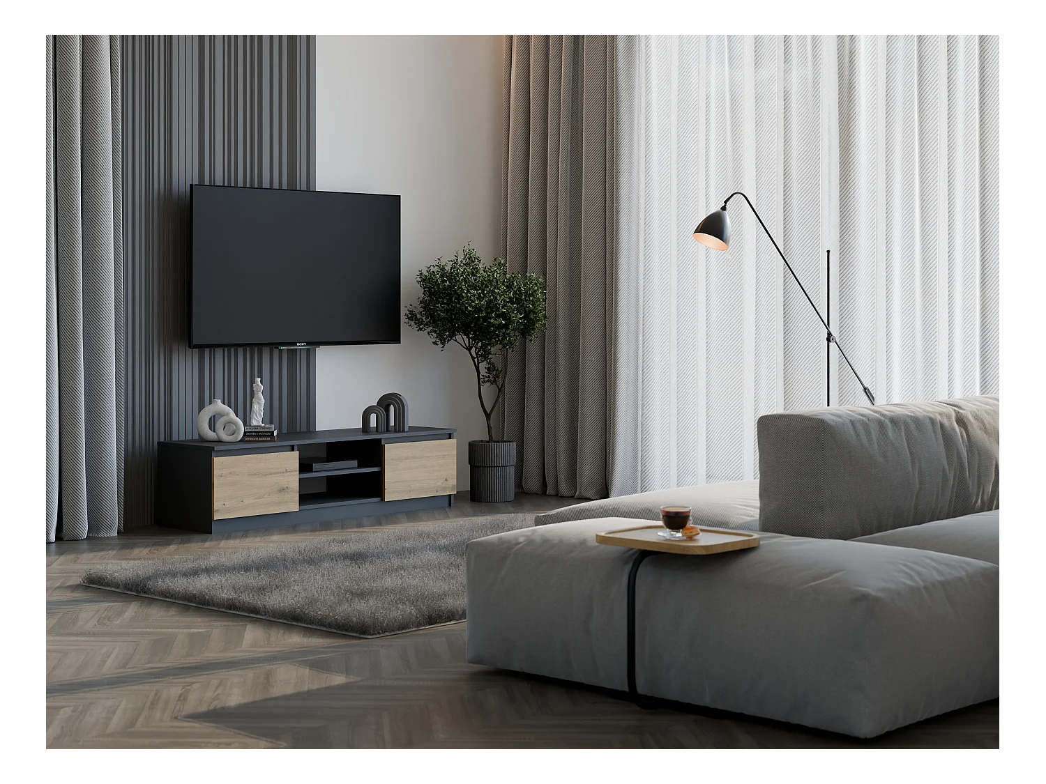 Mobile TV moderno 140 cm rovere e antracite PTVT2