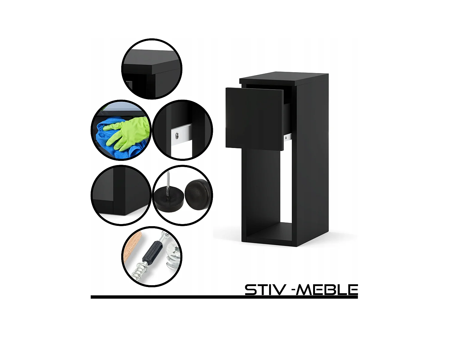 Table de chevet Noire, étroite 20 cm, table de nuit pour chambre compacte loft