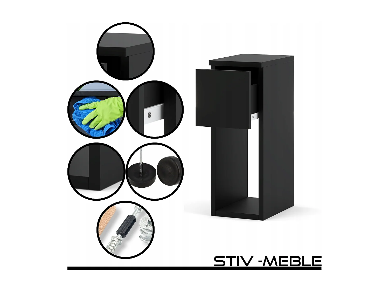 Table de chevet Noire, étroite 20 cm, table de nuit pour chambre compacte loft