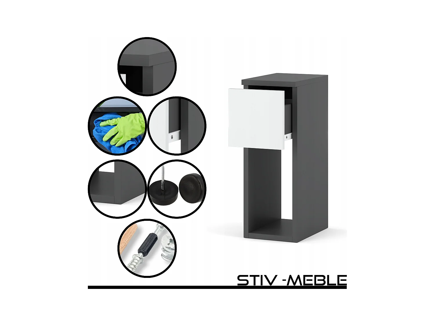 Table de chevet étroite 20 cm, petite table de nuit grise et blanche pour chambre à coucher – chevet