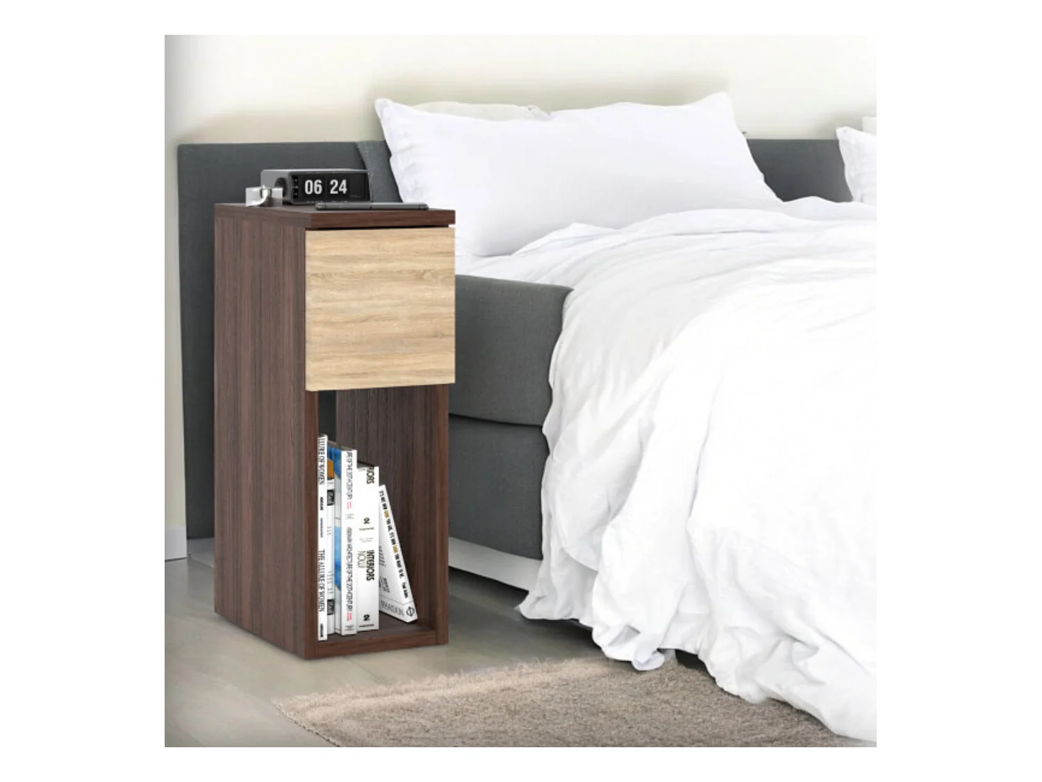 Table de chevet wengé & chêne Sonoma 20 cm – table d’appoint élégante avec tiroir pour chambre à coucher