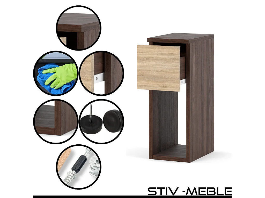 Table de chevet wengé & chêne Sonoma 20 cm – table d’appoint élégante avec tiroir pour chambre à coucher