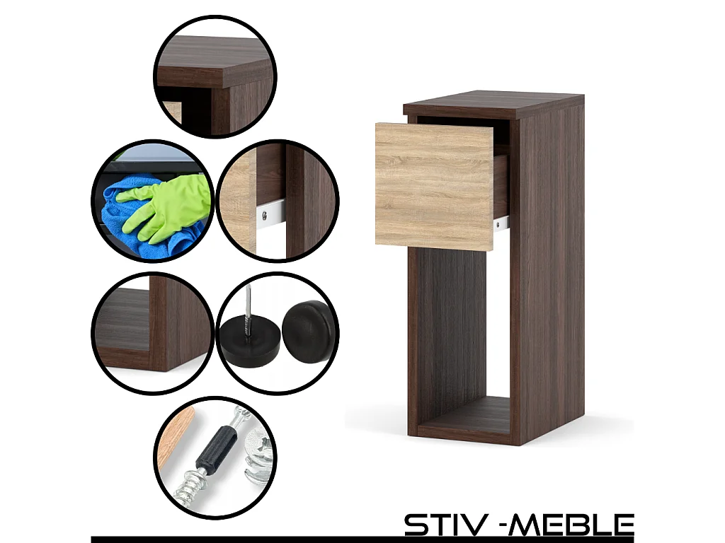 Table de chevet wengé & chêne Sonoma 20 cm – table d’appoint élégante avec tiroir pour chambre à coucher