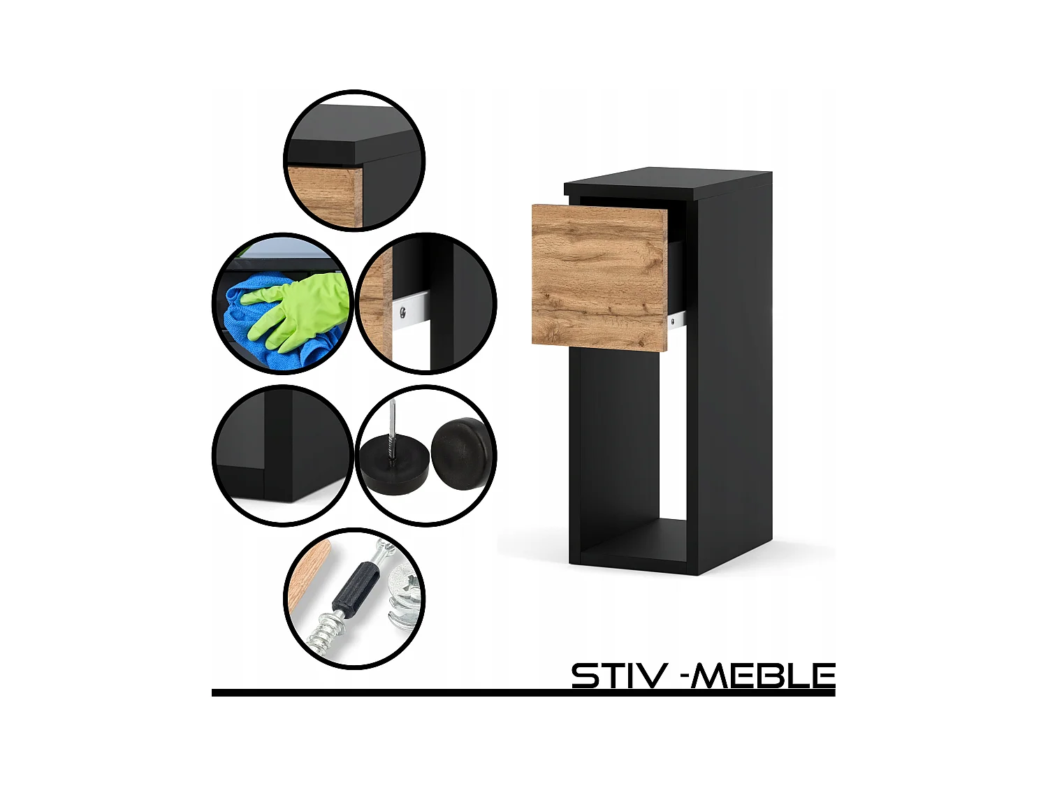 Table de chevet noire Wotan, étroite 20 cm, table de nuit pour chambre compacte