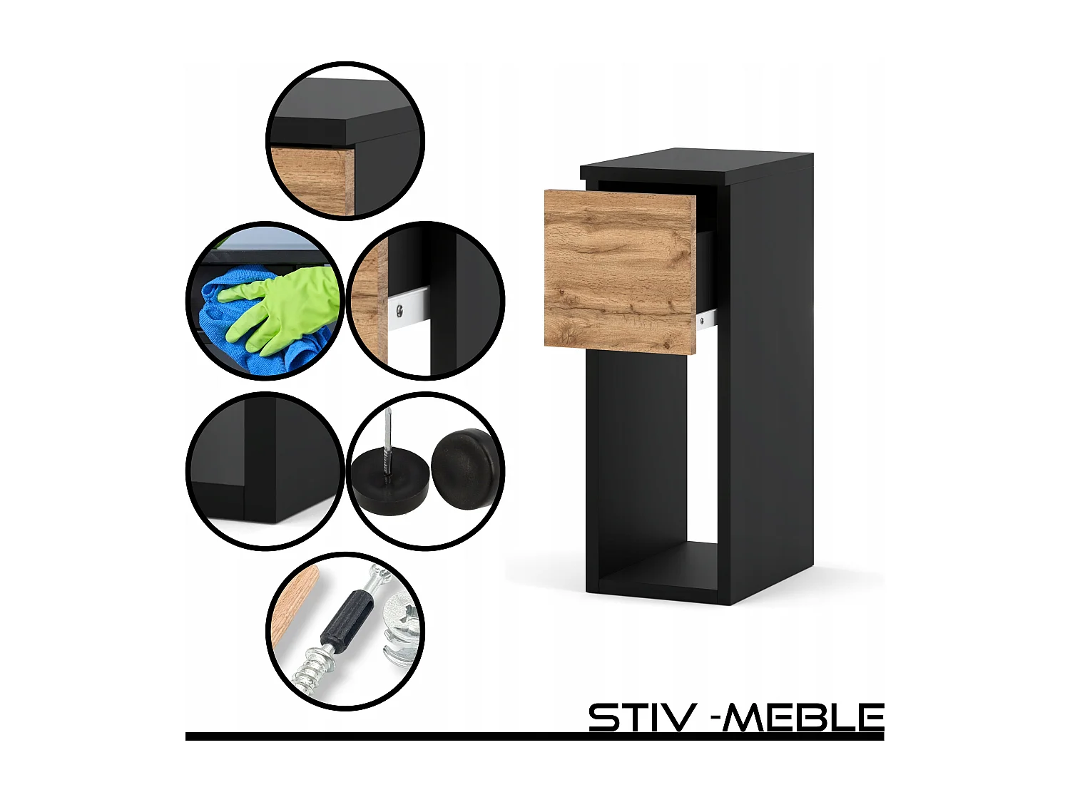 Table de chevet noire Wotan, étroite 20 cm, table de nuit pour chambre compacte