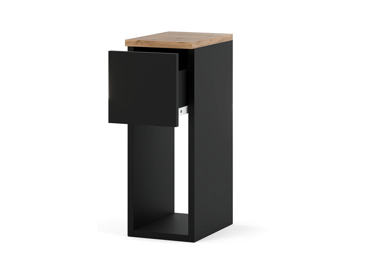 Table de chevet noire et chêne Wotan, étroite 20 cm, petite table de nuit loft compacte