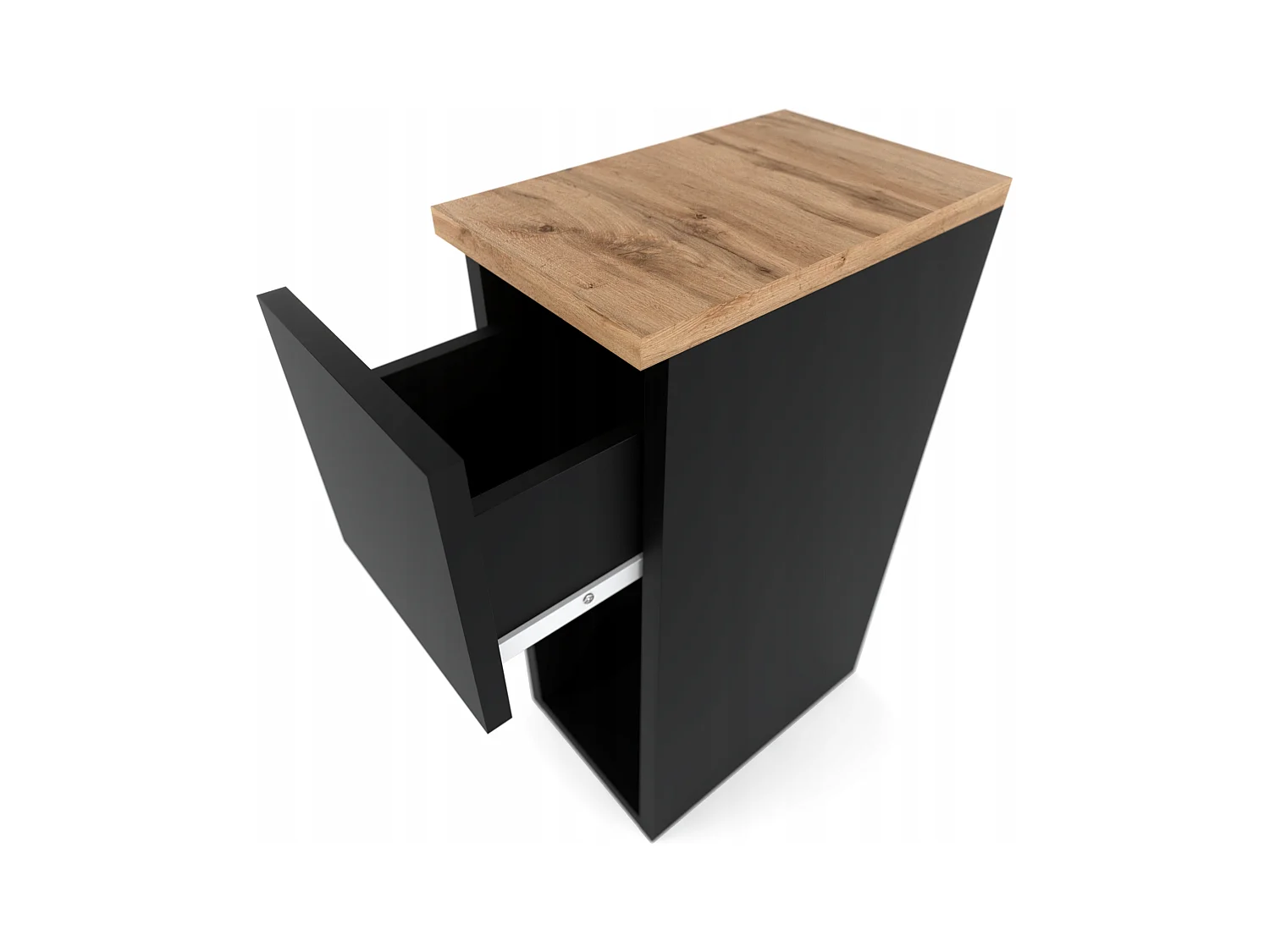 Table de chevet noire et chêne Wotan, étroite 20 cm, petite table de nuit loft compacte