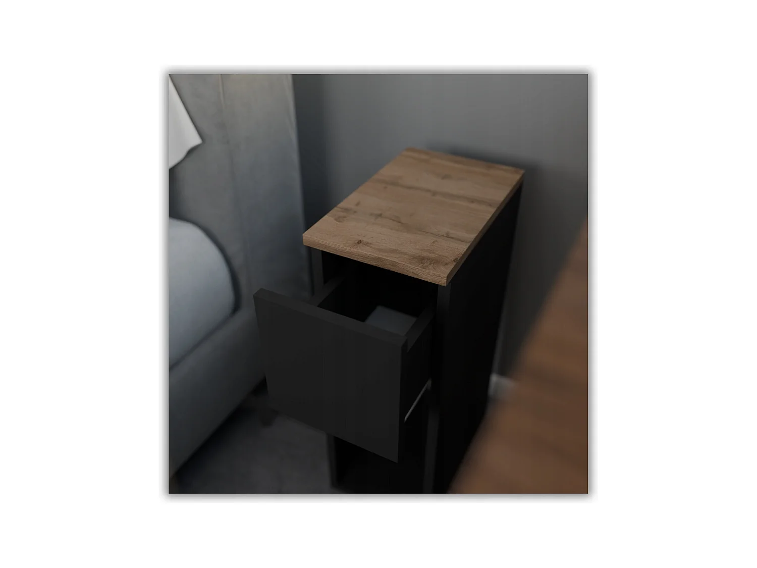 Table de chevet noire et chêne Wotan, étroite 20 cm, petite table de nuit loft compacte