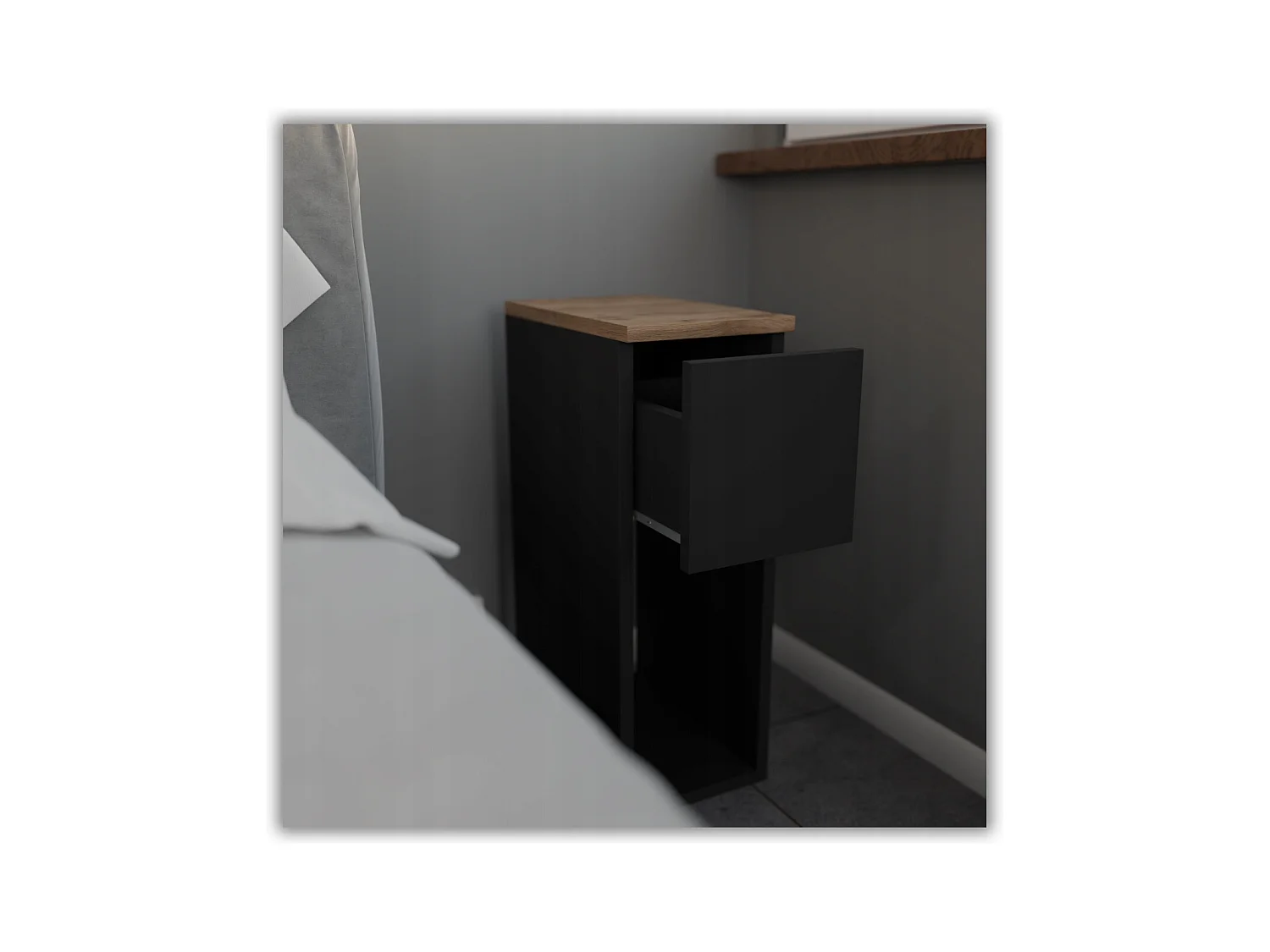 Table de chevet noire et chêne Wotan, étroite 20 cm, petite table de nuit loft compacte