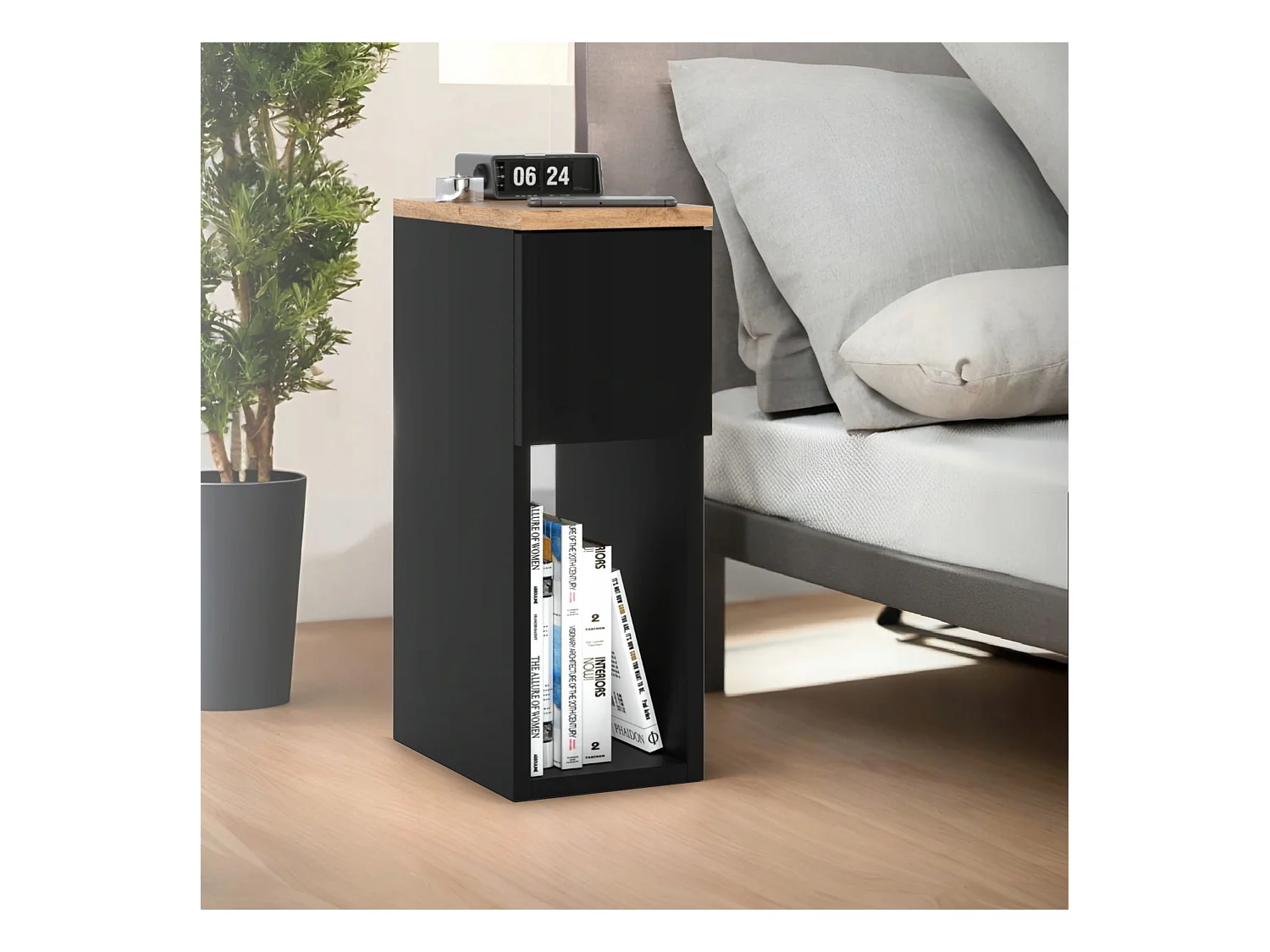 Table de chevet noire et chêne Wotan, étroite 20 cm, petite table de nuit loft compacte