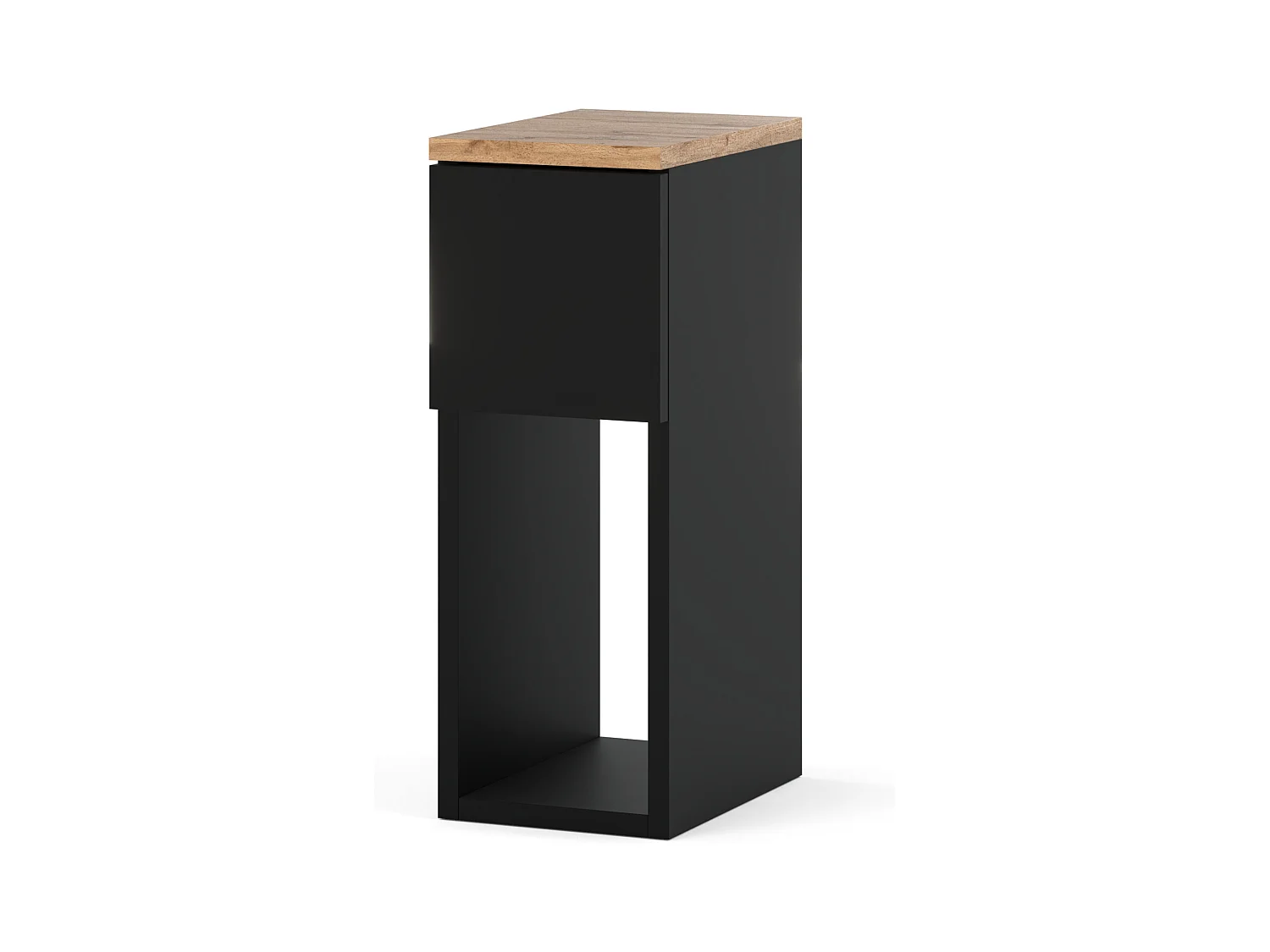 Table de chevet noire et chêne Wotan, étroite 20 cm, petite table de nuit loft compacte