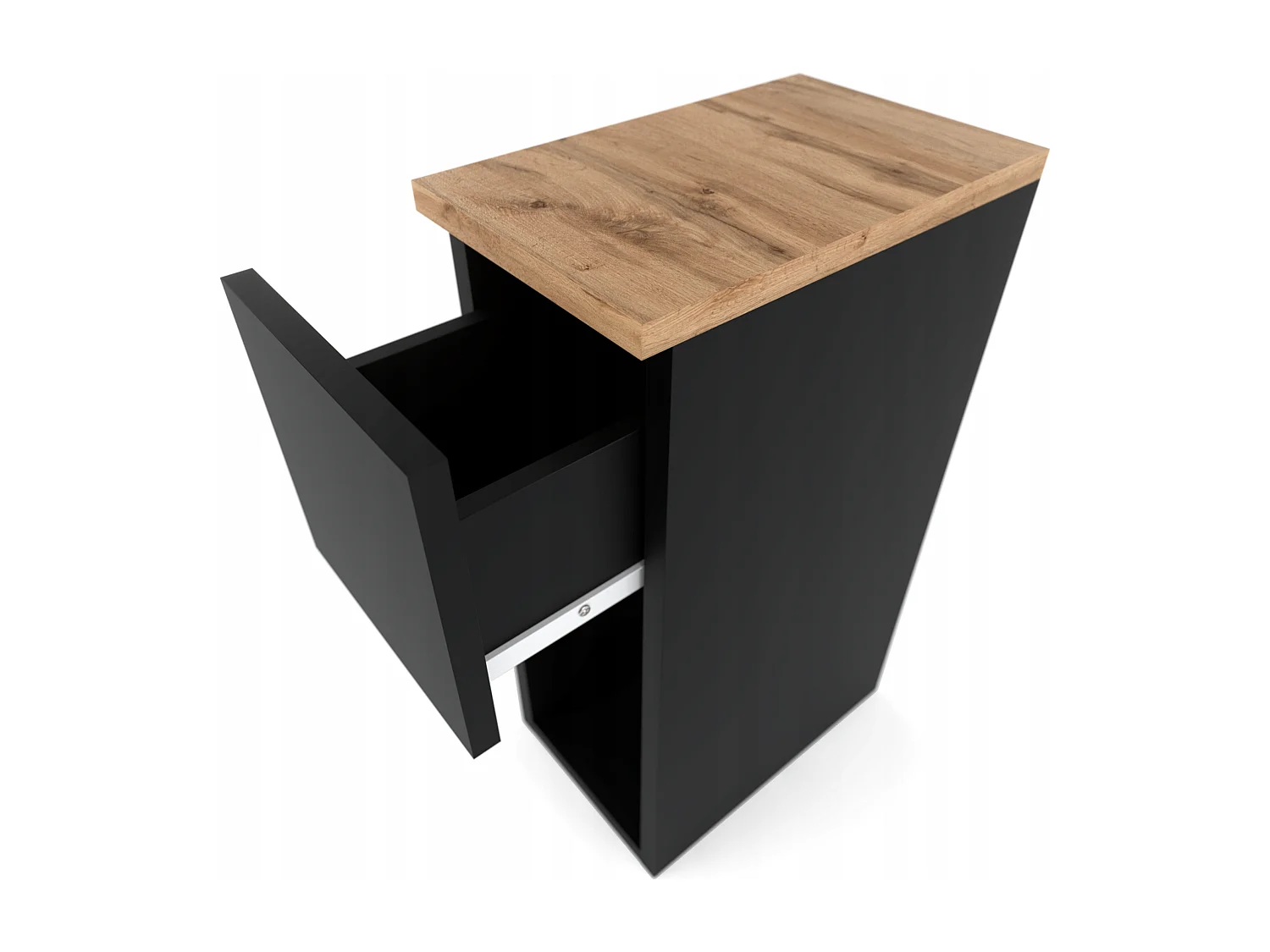 Table de chevet noire et chêne Wotan, étroite 20 cm, petite table de nuit loft compacte