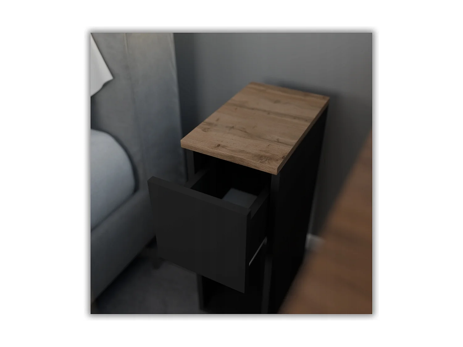 Table de chevet noire et chêne Wotan, étroite 20 cm, petite table de nuit loft compacte