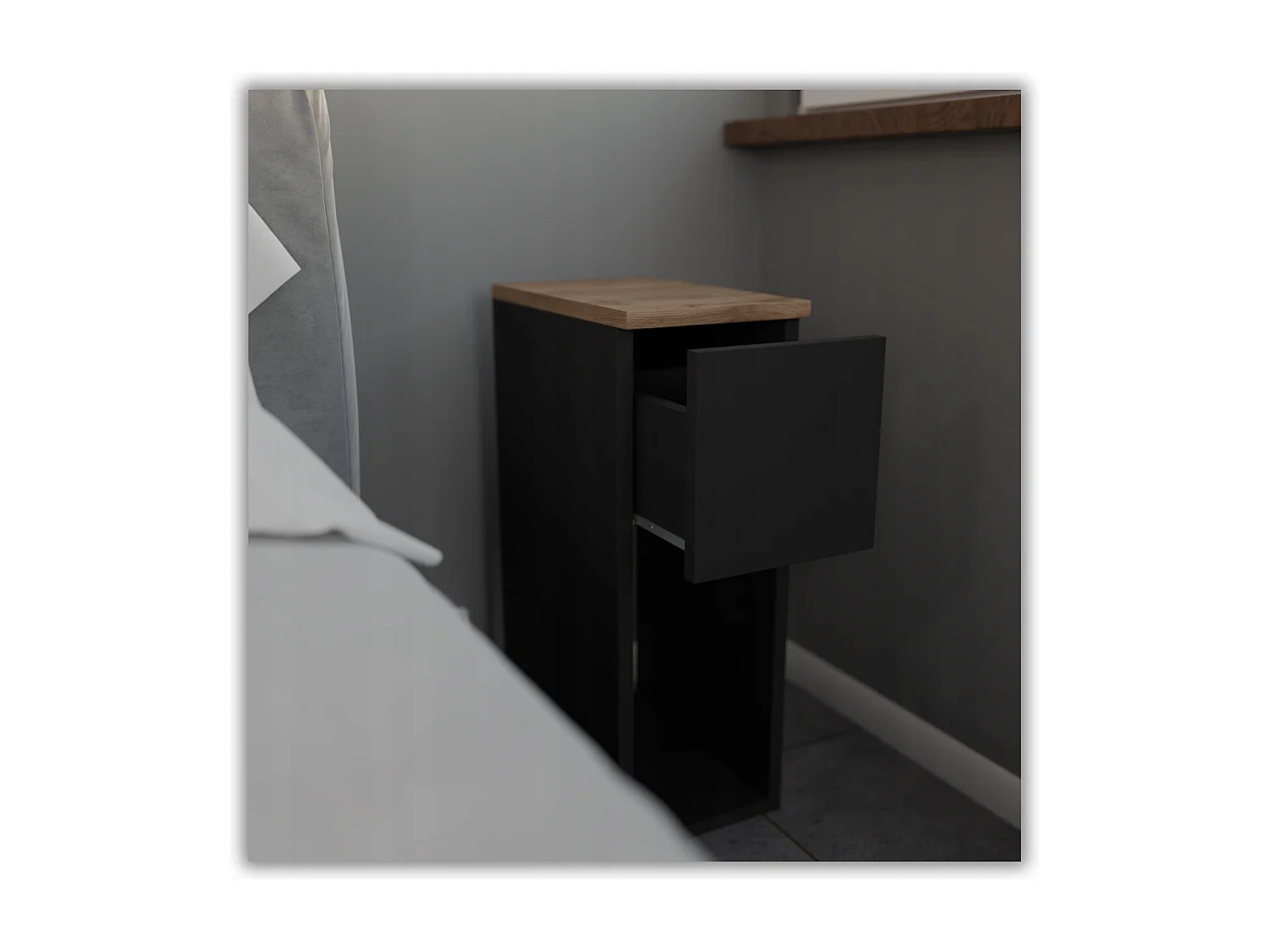 Table de chevet noire et chêne Wotan, étroite 20 cm, petite table de nuit loft compacte