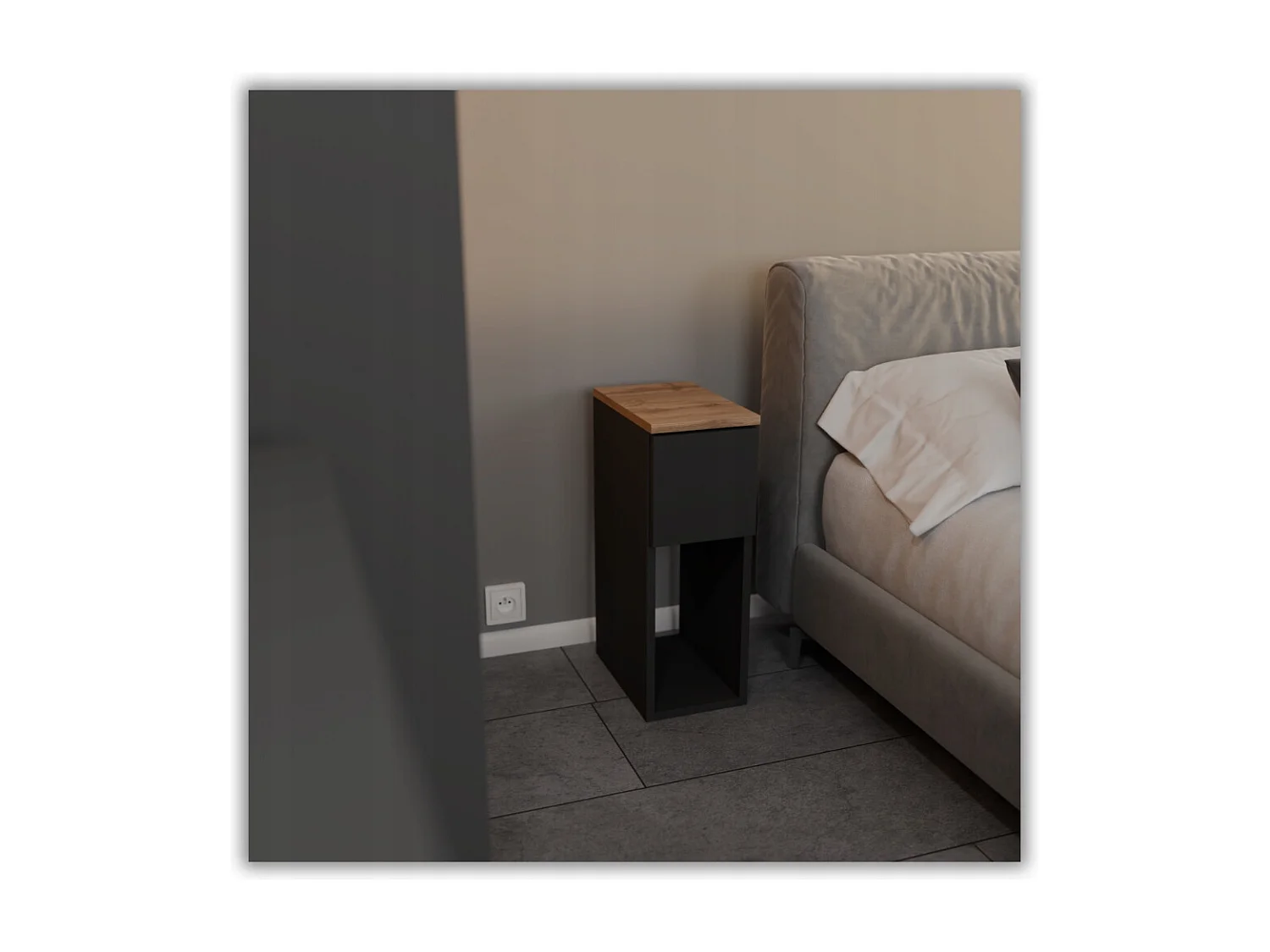 Table de chevet noire et chêne Wotan, étroite 20 cm, petite table de nuit loft compacte