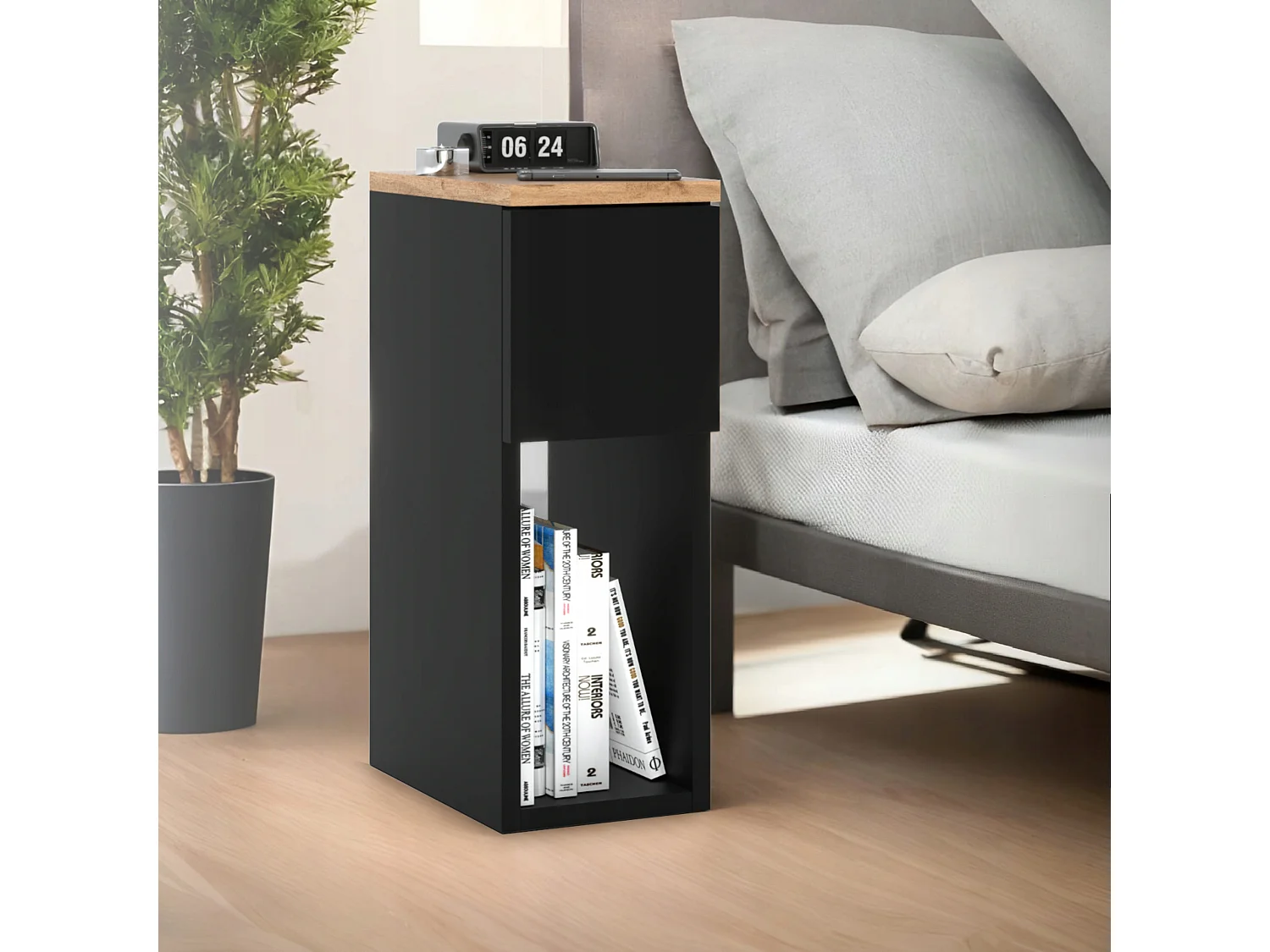 Table de chevet noire et chêne Wotan, étroite 20 cm, petite table de nuit loft compacte