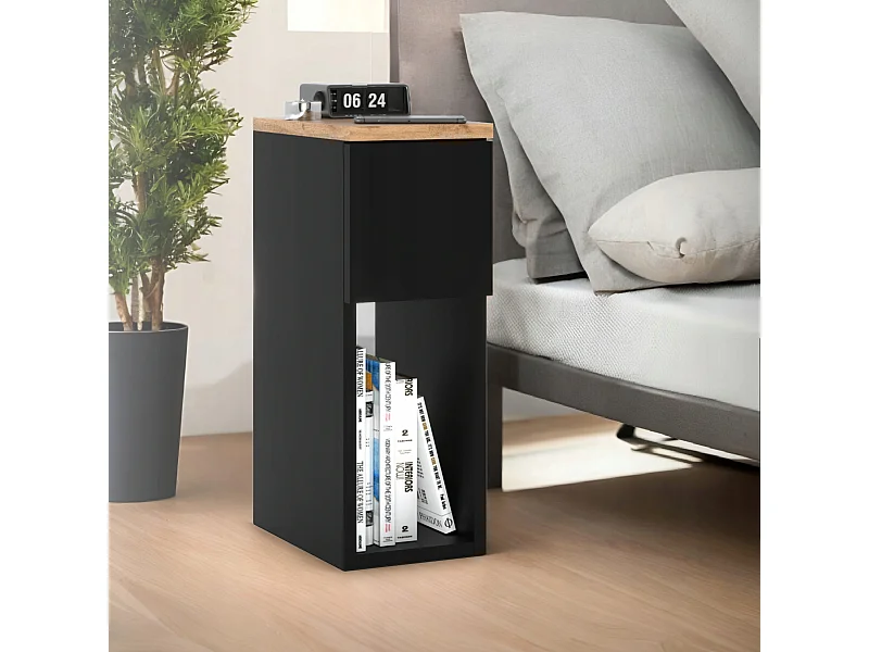 Wotan zwart en eiken nachtkastje, smal 20 cm, klein compact loft nachtkastje