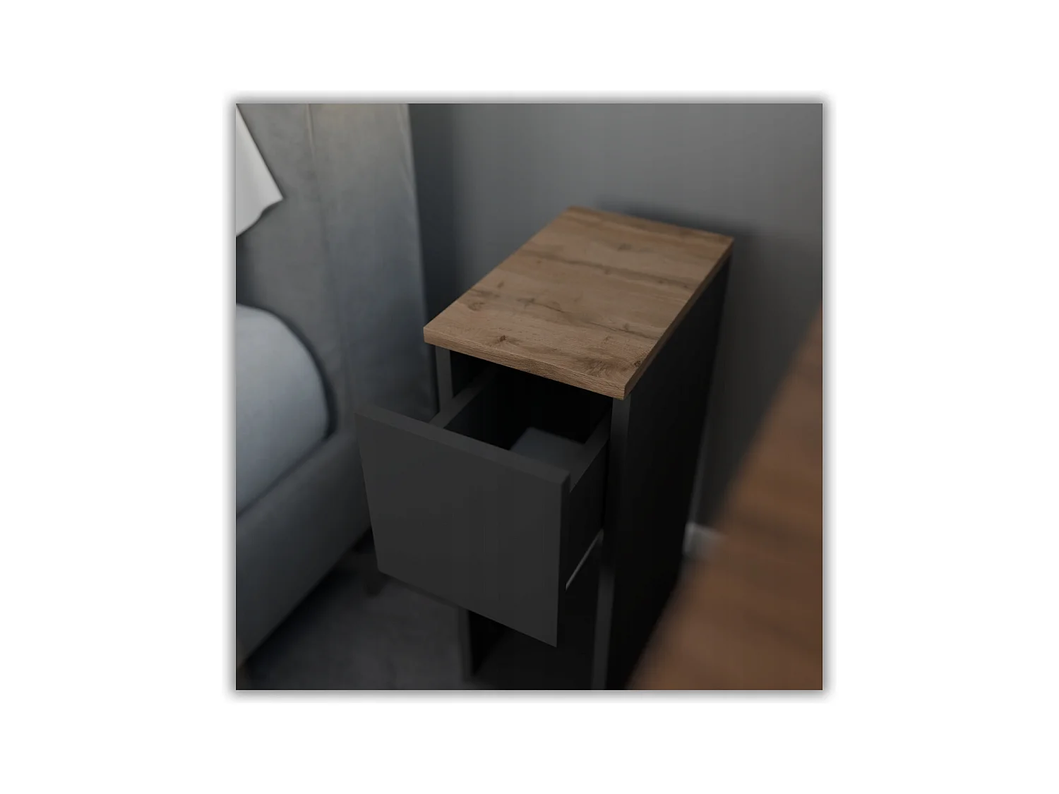 Table de chevet étroite grise / chêne Wotan 20 cm, style loft, table de nuit pour chambre