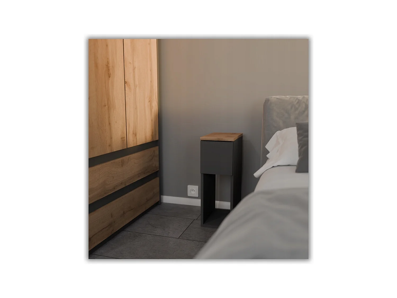 Table de chevet étroite grise / chêne Wotan 20 cm, style loft, table de nuit pour chambre