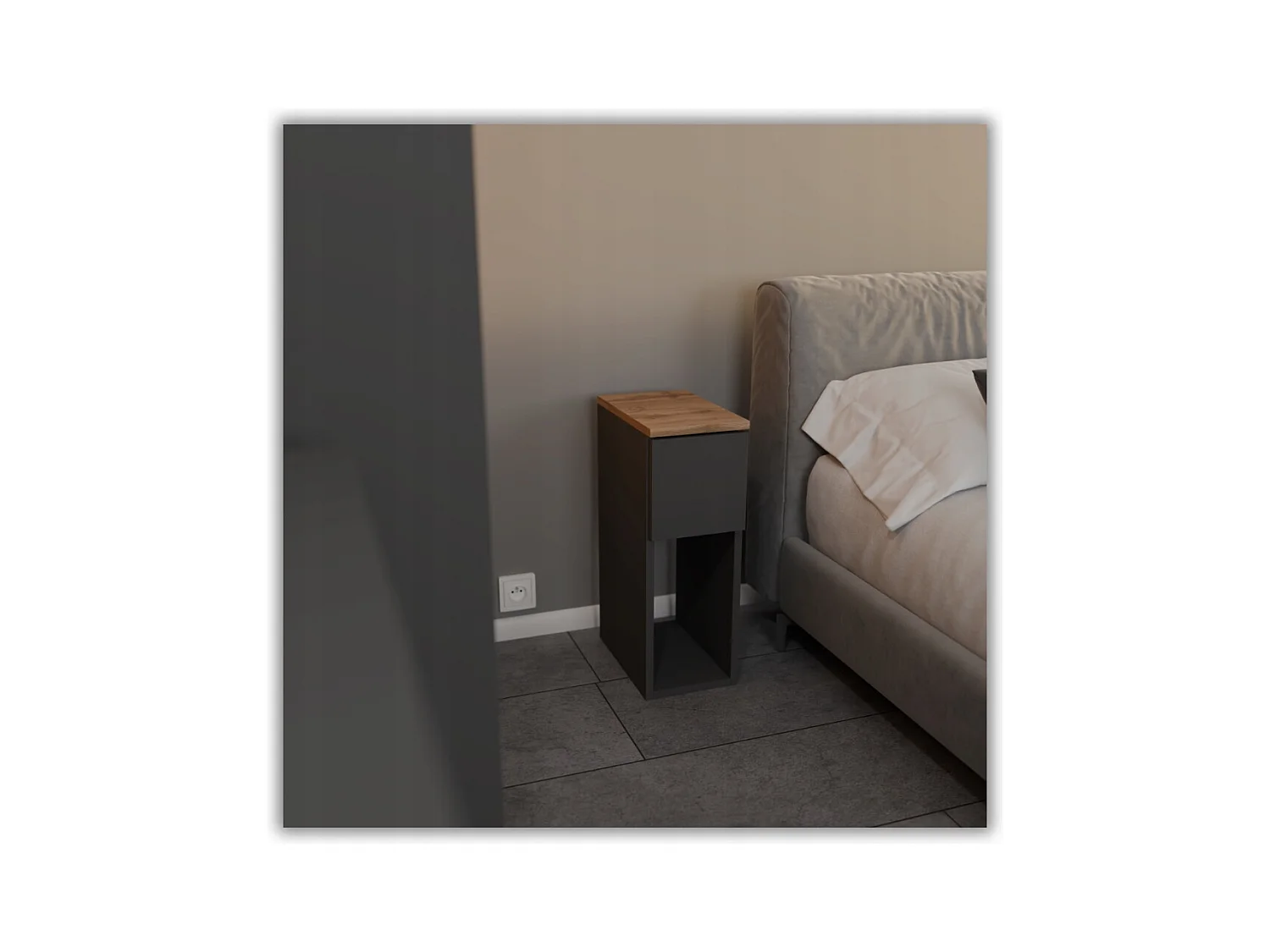 Table de chevet étroite grise / chêne Wotan 20 cm, style loft, table de nuit pour chambre