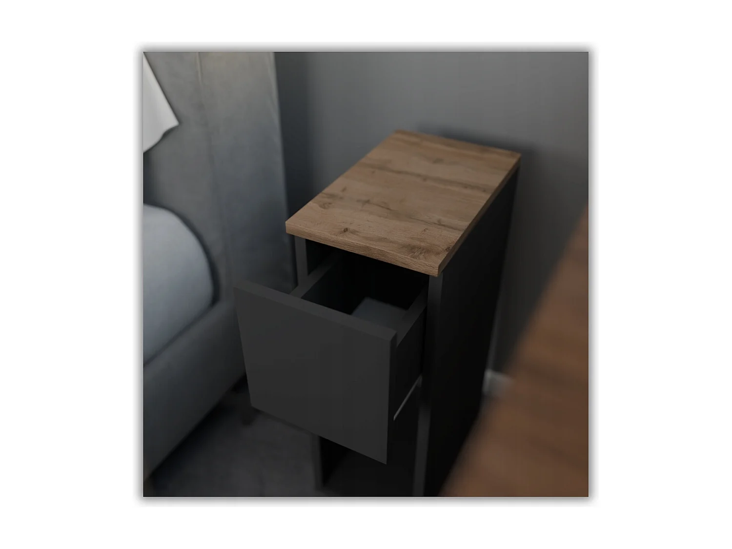 Table de chevet étroite grise / chêne Wotan 20 cm, style loft, table de nuit pour chambre