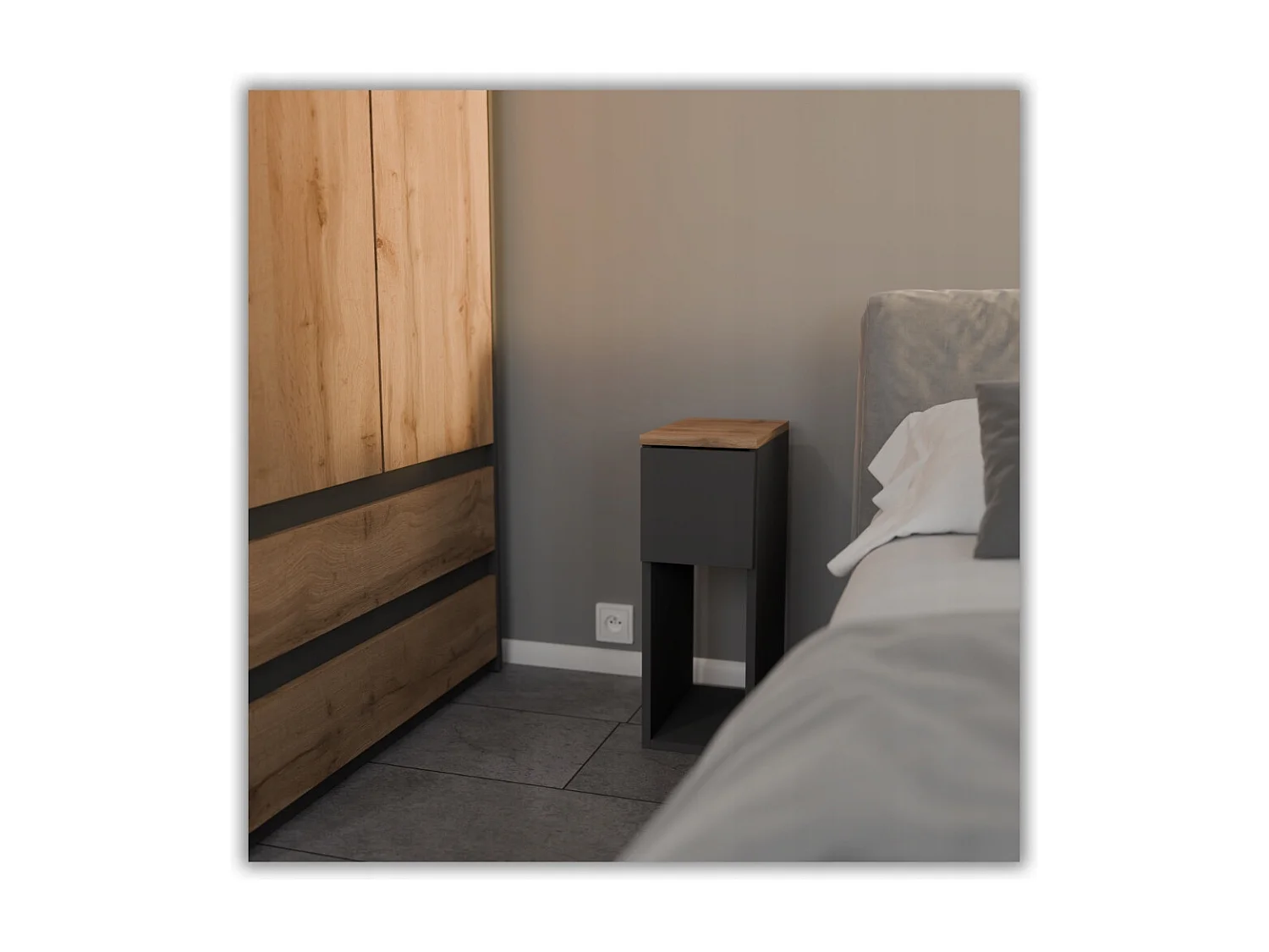 Table de chevet étroite grise / chêne Wotan 20 cm, style loft, table de nuit pour chambre