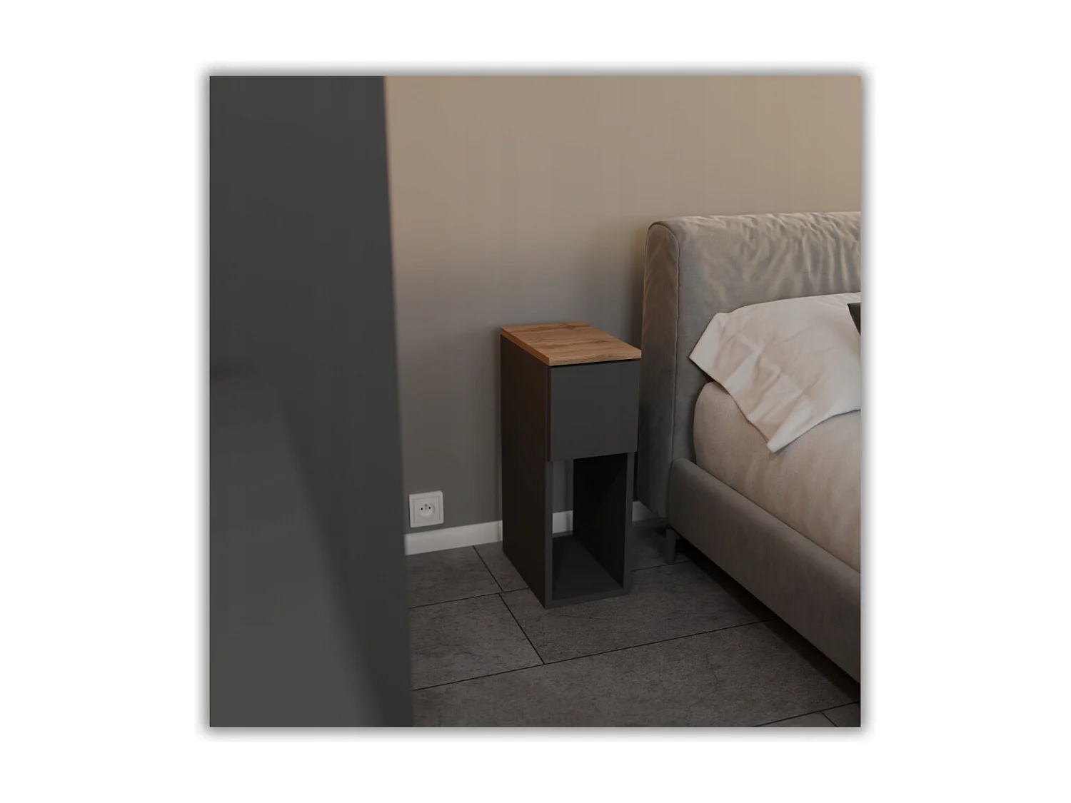 Table de chevet étroite grise / chêne Wotan 20 cm, style loft, table de nuit pour chambre