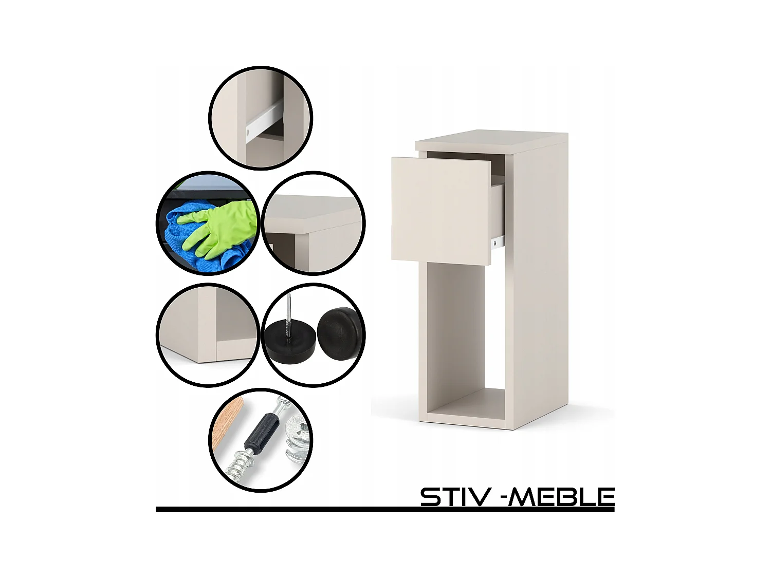 Table de chevet étroite 20 cm couleur Cachemire Beige, petite table de nuit pour chambre