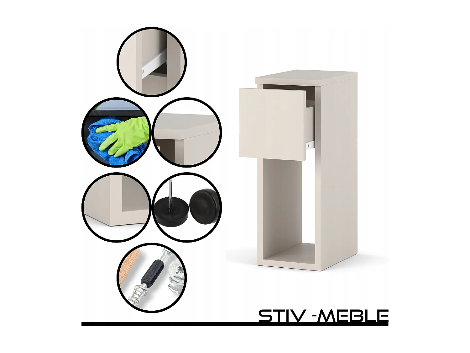 Table de chevet étroite 20 cm couleur Cachemire Beige, petite table de nuit pour chambre