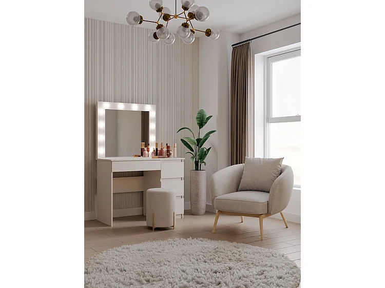 Toeletta da trucco moderna con LED e cassetti a destra beige TOT2