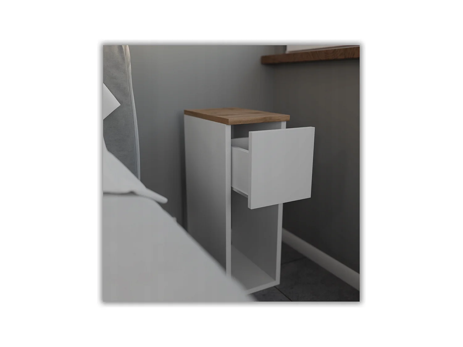 Table de chevet scandinave blanche et chêne Wotan, étroite 20cm avec tiroir, table de nuit