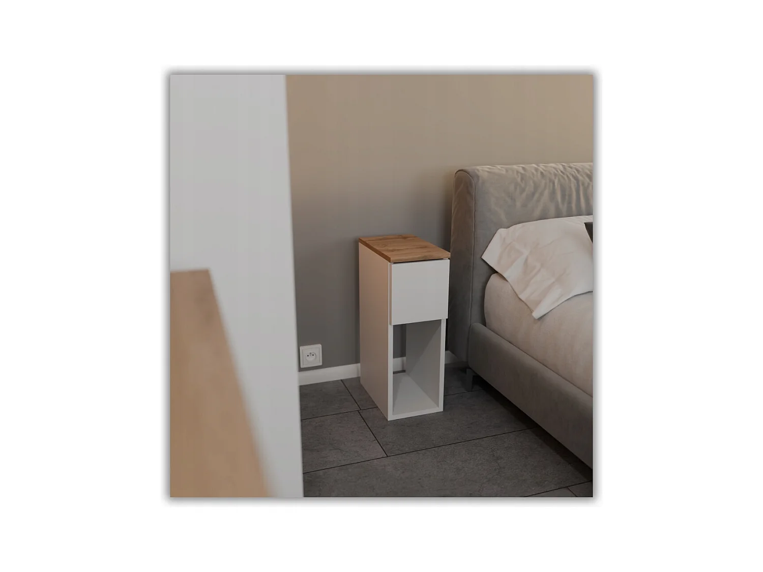 Table de chevet scandinave blanche et chêne Wotan, étroite 20cm avec tiroir, table de nuit