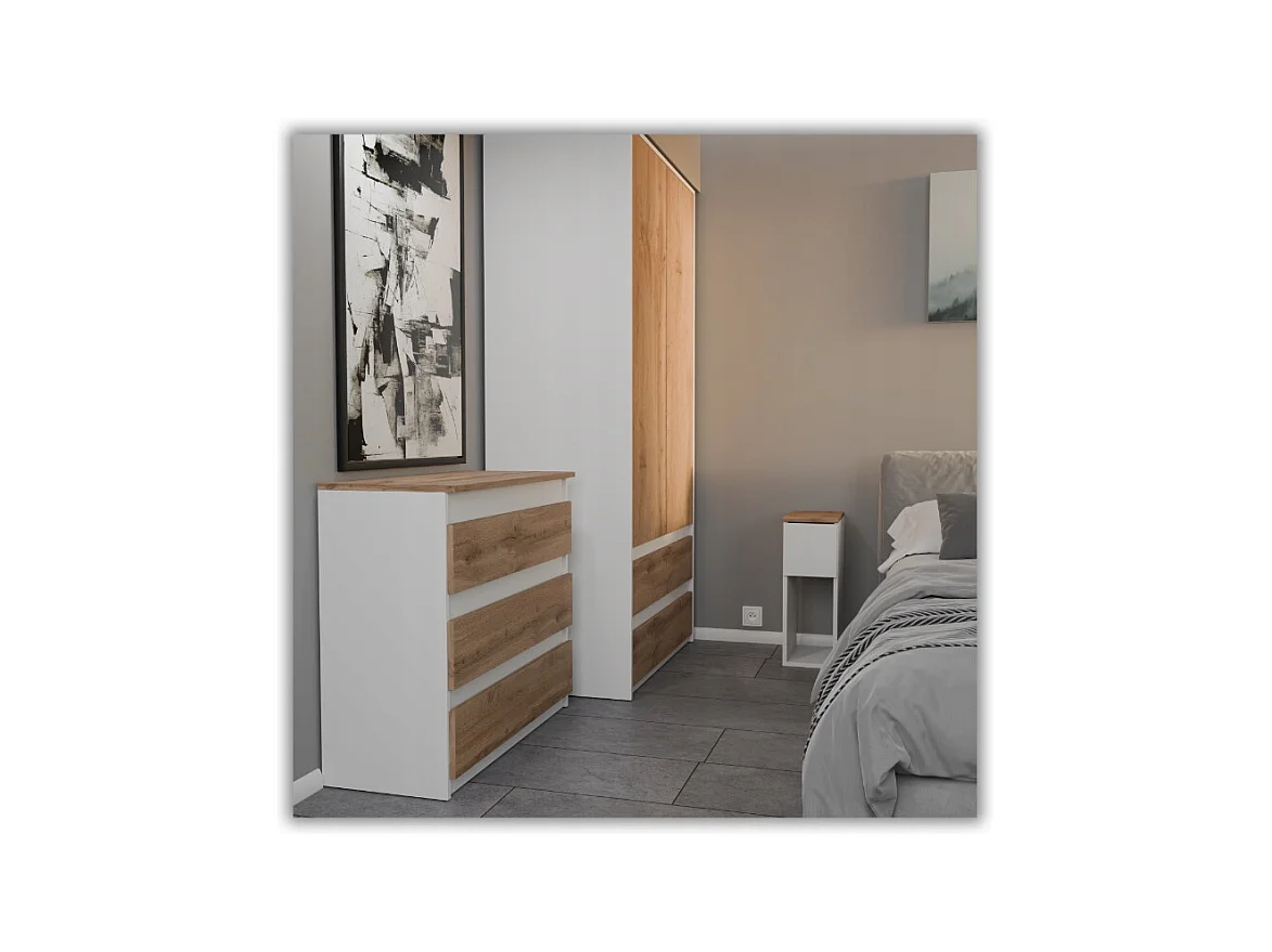 Table de chevet scandinave blanche et chêne Wotan, étroite 20cm avec tiroir, table de nuit