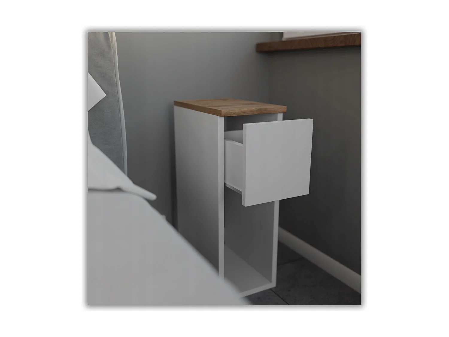 Table de chevet scandinave blanche et chêne Wotan, étroite 20cm avec tiroir, table de nuit