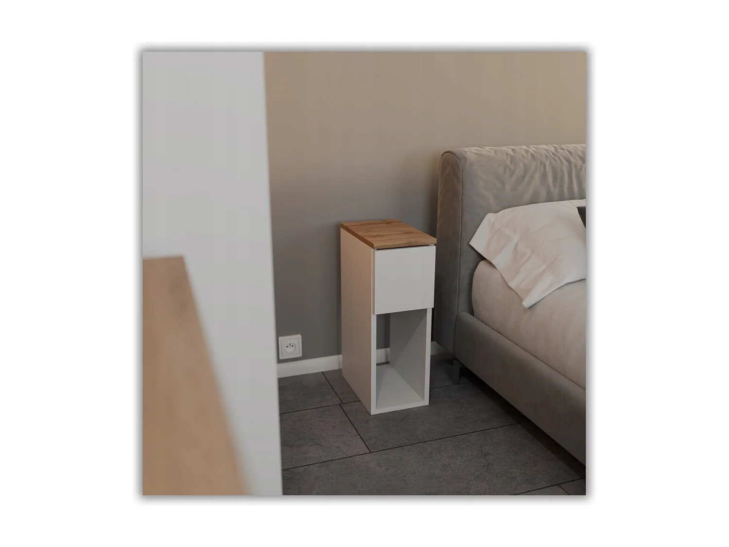 Table de chevet scandinave blanche et chêne Wotan, étroite 20cm avec tiroir, table de nuit