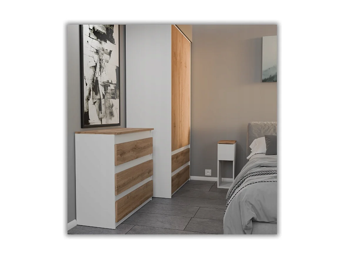 Table de chevet scandinave blanche et chêne Wotan, étroite 20cm avec tiroir, table de nuit