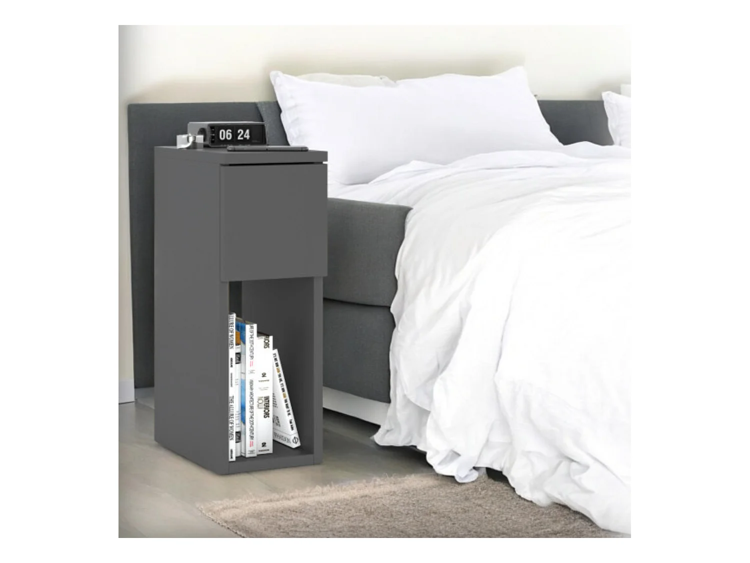 Table de chevet gris mat 20 cm – table d’appoint moderne et étroite avec tiroir pour chambre à coucher