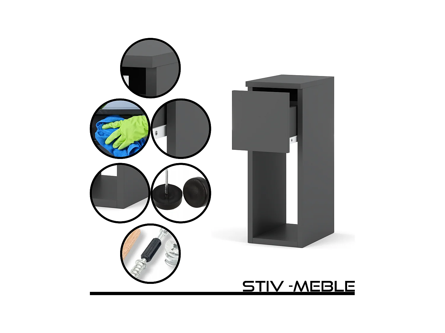 Table de chevet gris mat 20 cm – table d’appoint moderne et étroite avec tiroir pour chambre à coucher