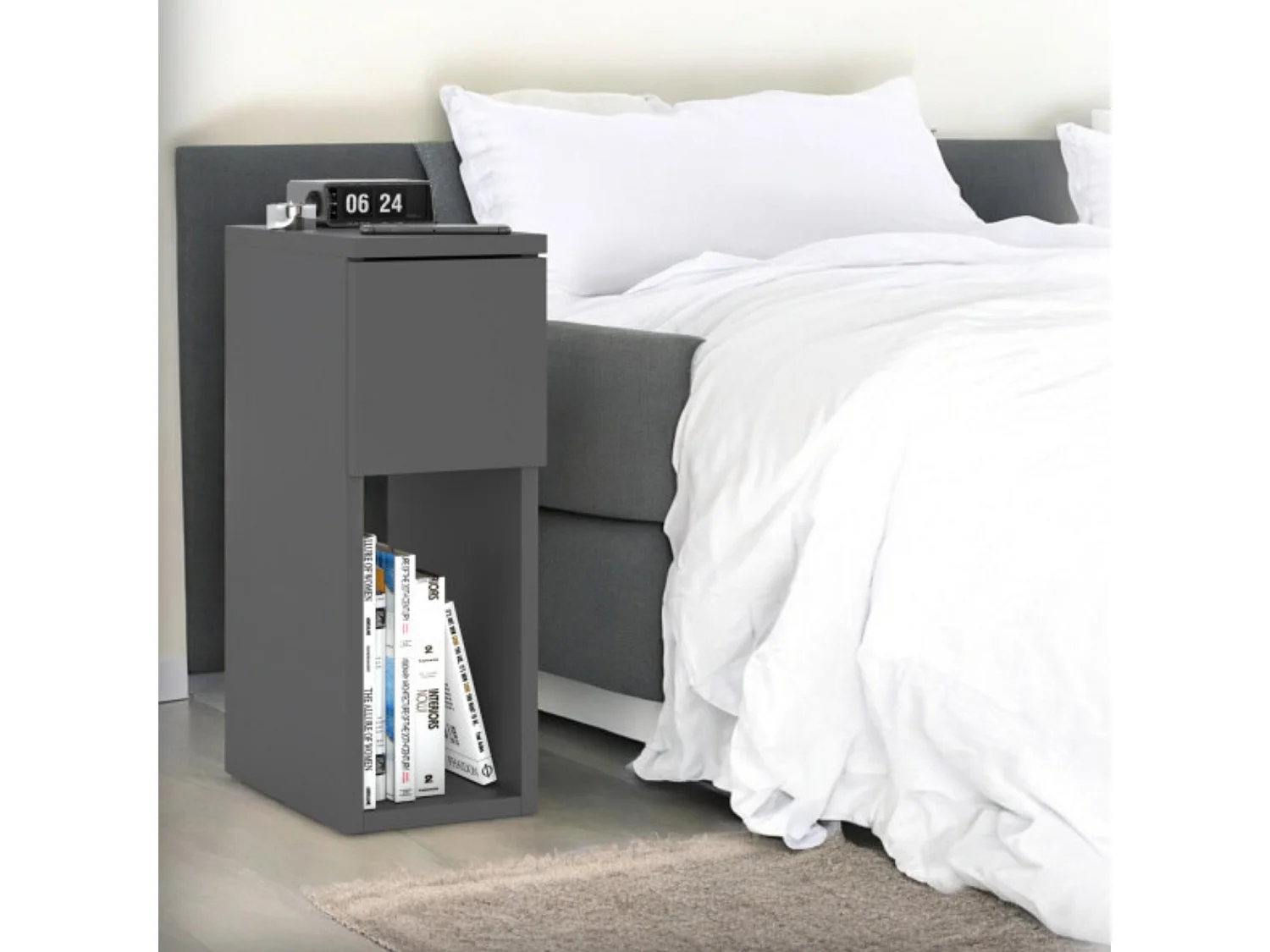 Table de chevet gris mat 20 cm – table d’appoint moderne et étroite avec tiroir pour chambre à coucher