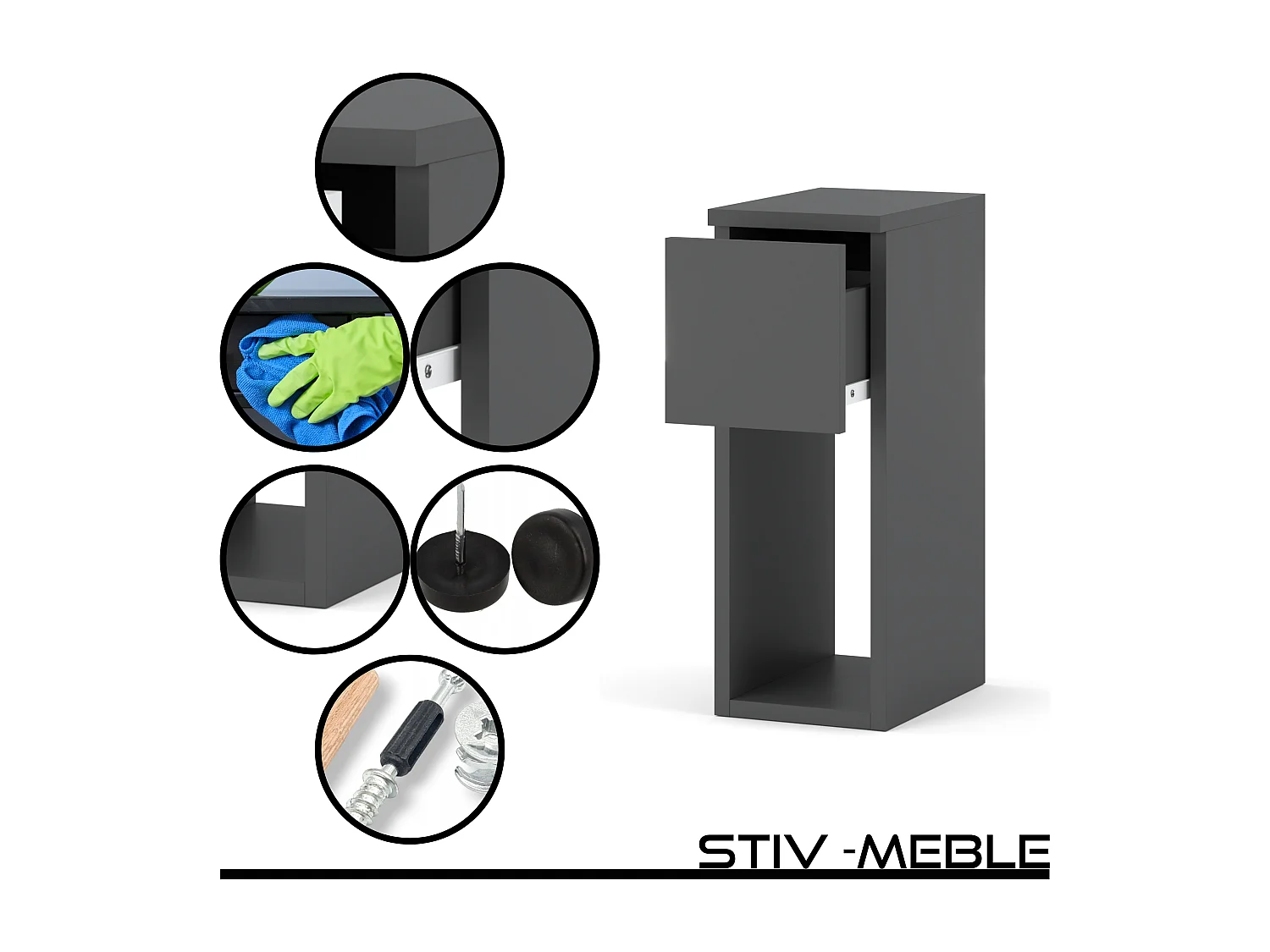 Table de chevet gris mat 20 cm – table d’appoint moderne et étroite avec tiroir pour chambre à coucher