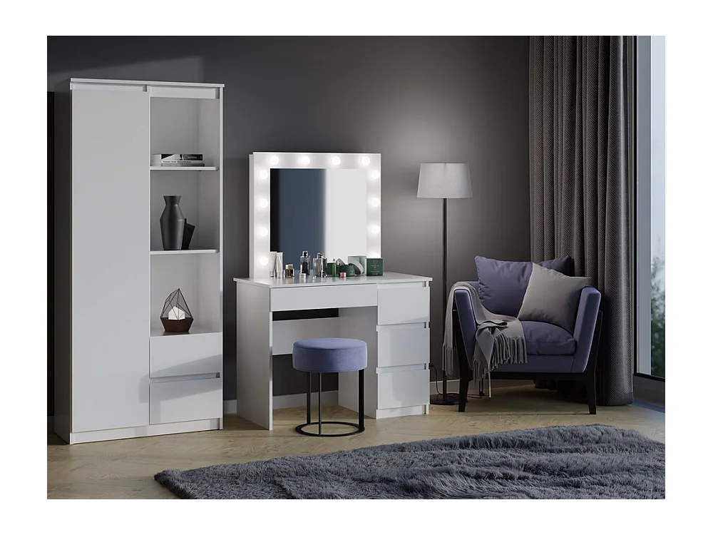 Toeletta da trucco moderna con LED e cassetti a destra bianca TOT2