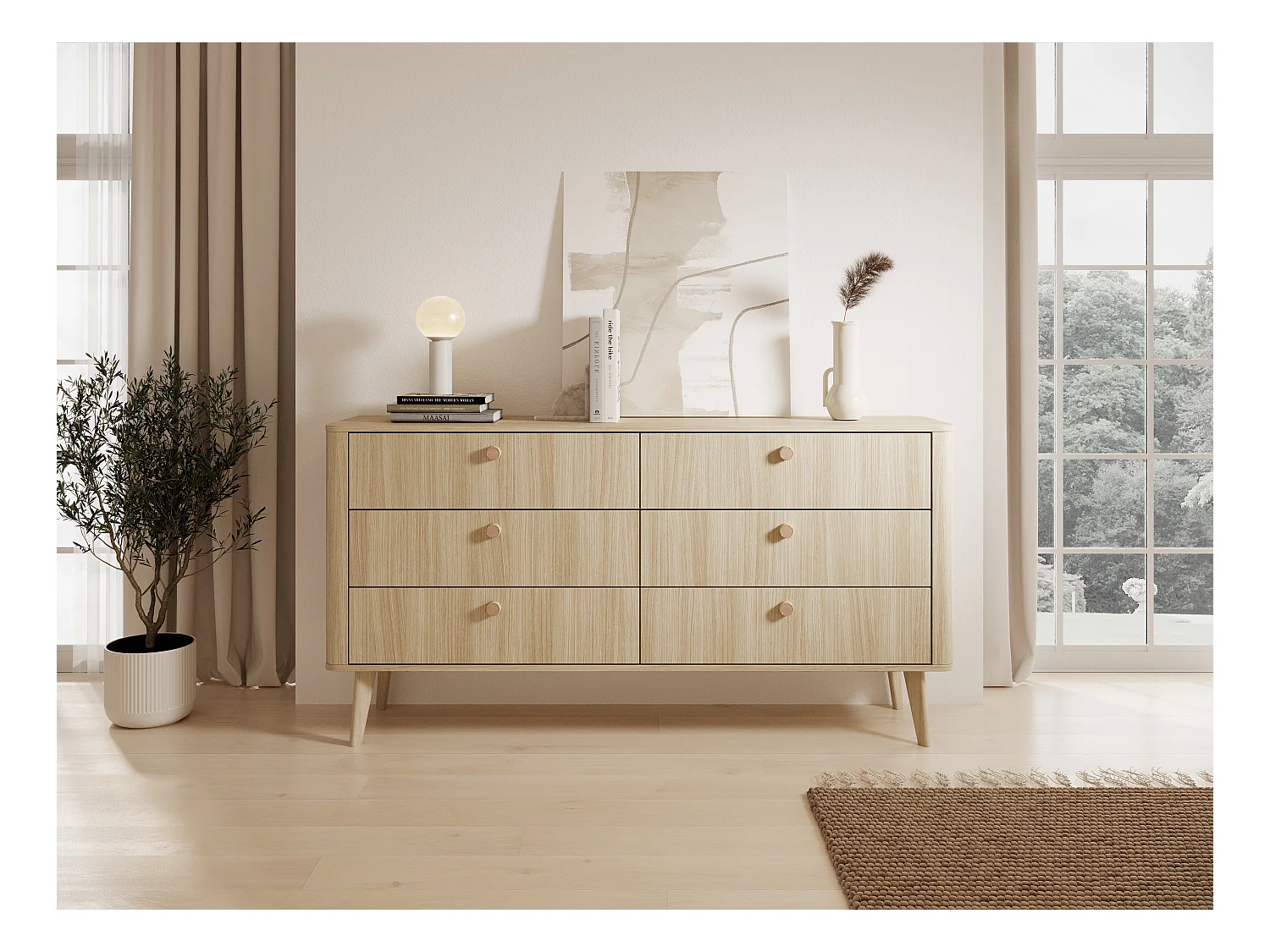 Cassettiera moderna 163,2x83,2 cm con 6 cassetti in rovere chiaro CLK15