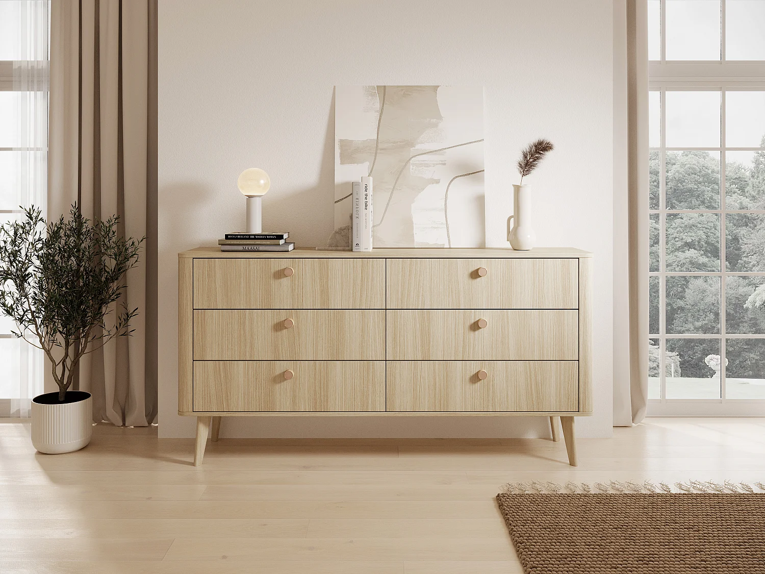 Cassettiera moderna 163,2x83,2 cm con 6 cassetti in rovere chiaro CLK15