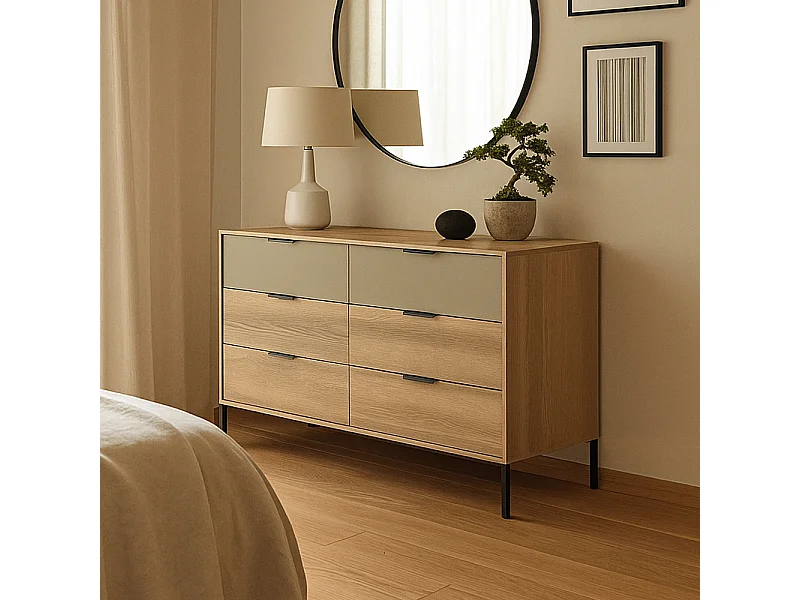 Cassettiera moderna con 6 cassetti e maniglie in metallo in rovere e grigio pietra CLK11