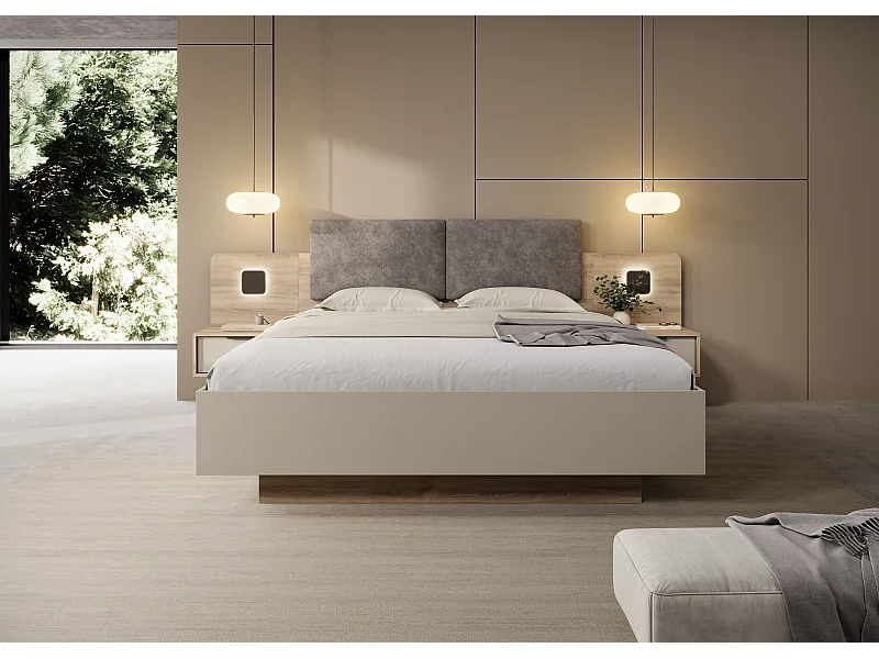 Letto matrimoniale contenitore 160x200 cm con comodini e LED in rovere e grigio pietra LLK14